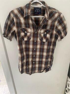 American Eagle Outfitters Brown and Cream Plaid Short-Sleeve Western Shirt